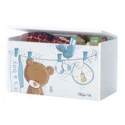 Box na hračky do dětského pokoje se zavíracím víkem, medvídek ouško sv. modrá / bílá, 40x70x40cm