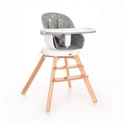 Modrní kvalitní dětská jídelní židlička se stolkem otočná, dřevěné nohy, bezpečnostní pásy, bílá / šedá