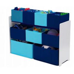 Organizér pro uložení hraček dřevěný s látkovými boxy modrý, 82x60x30 cm